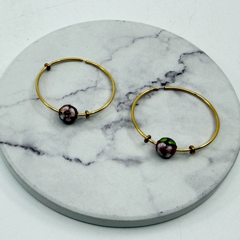 Y2K Gold Tone Hoop Earrings Floral Enamel Bead Statement Boho Festival Gift Idea